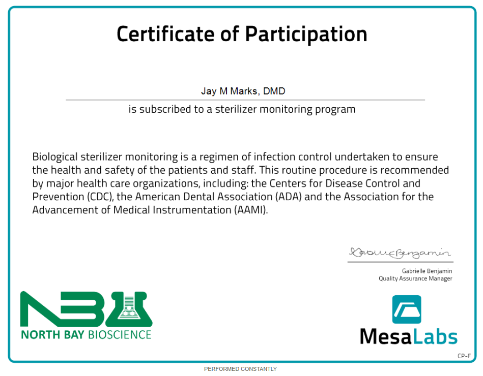 certificate of participation in a sterilizer monitoring program